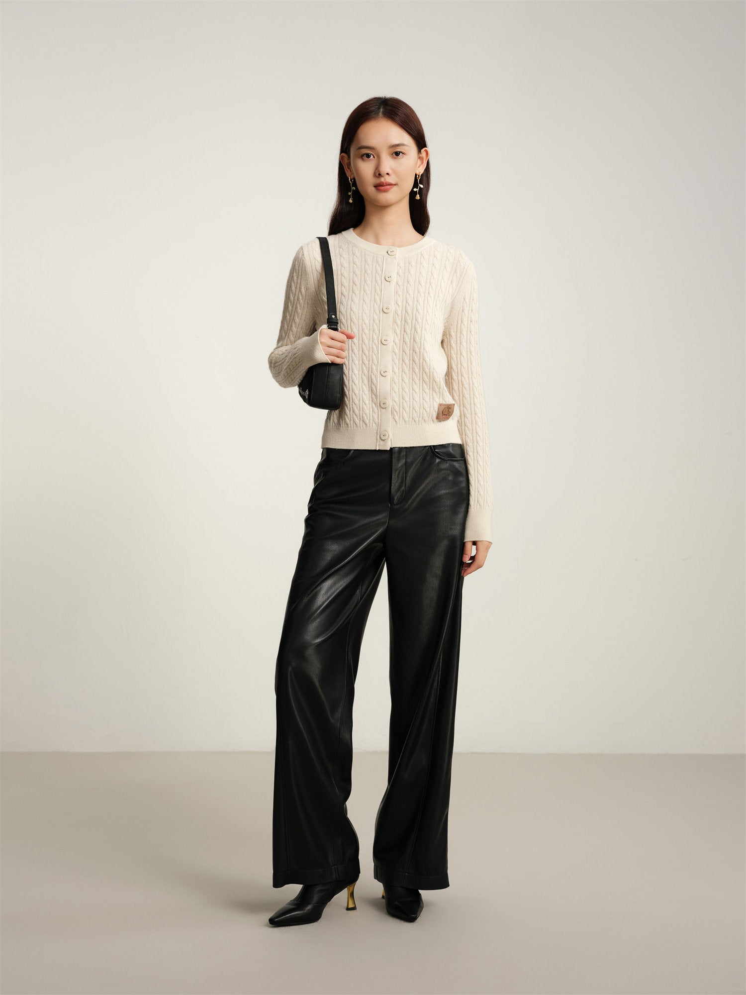 Twisted Cable Knit Round Neck Cardigan | Beige