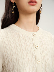 Twisted Cable Knit Round Neck Cardigan | Beige