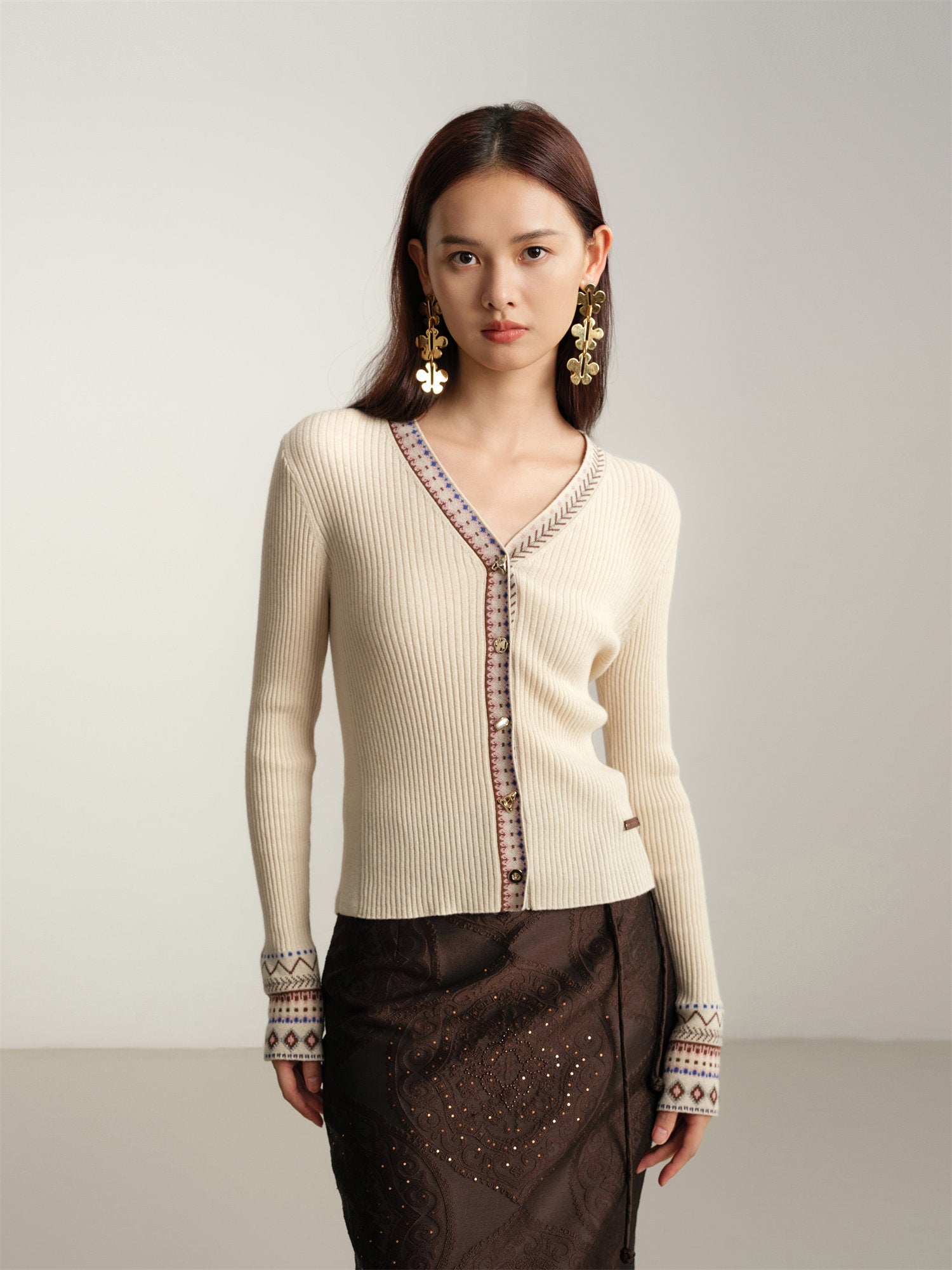 Yak Wool Ethnic-Style Jacquard Cardigan | Beige