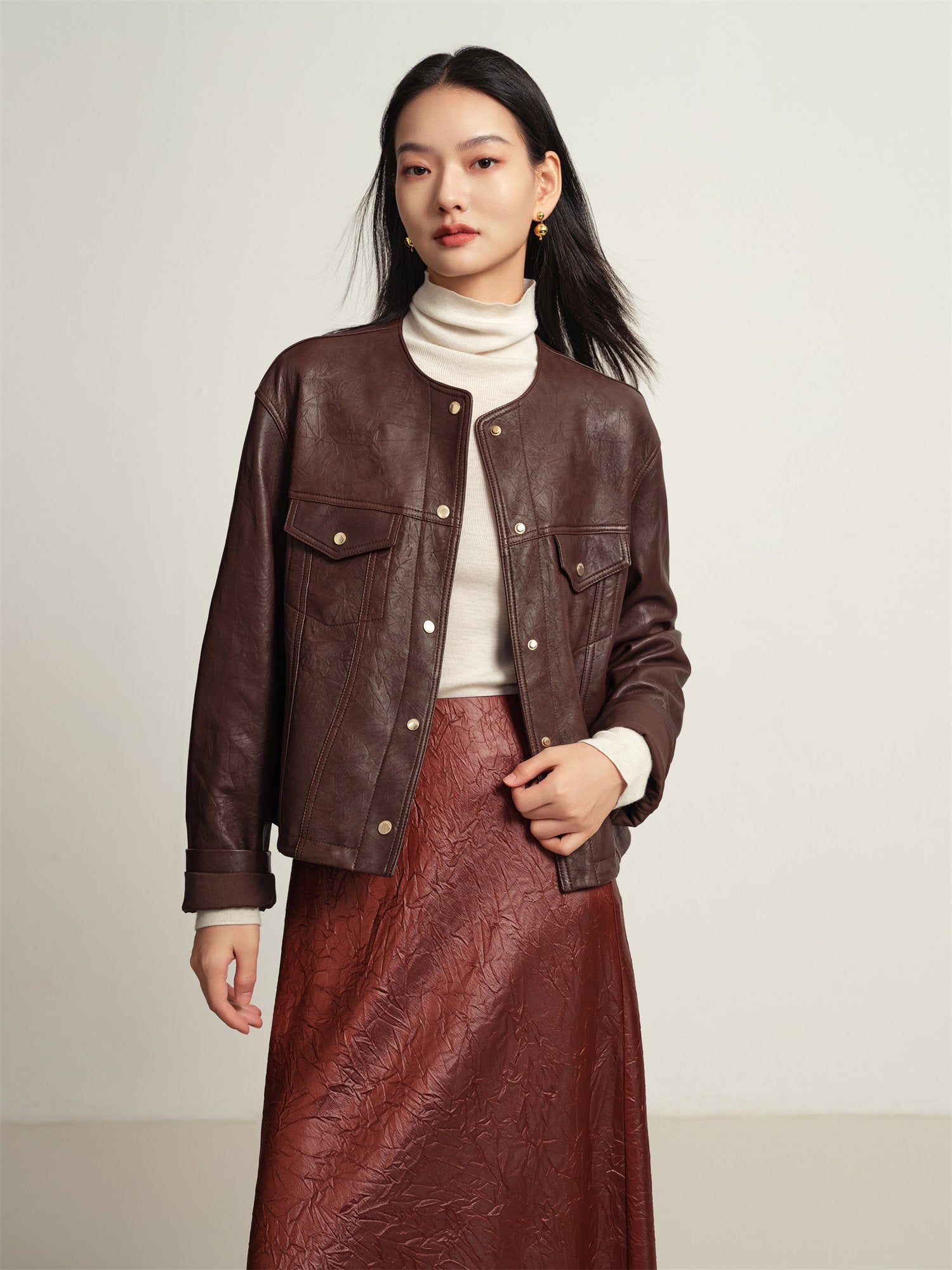 Leather Round Neck Leather Jacket | Brown