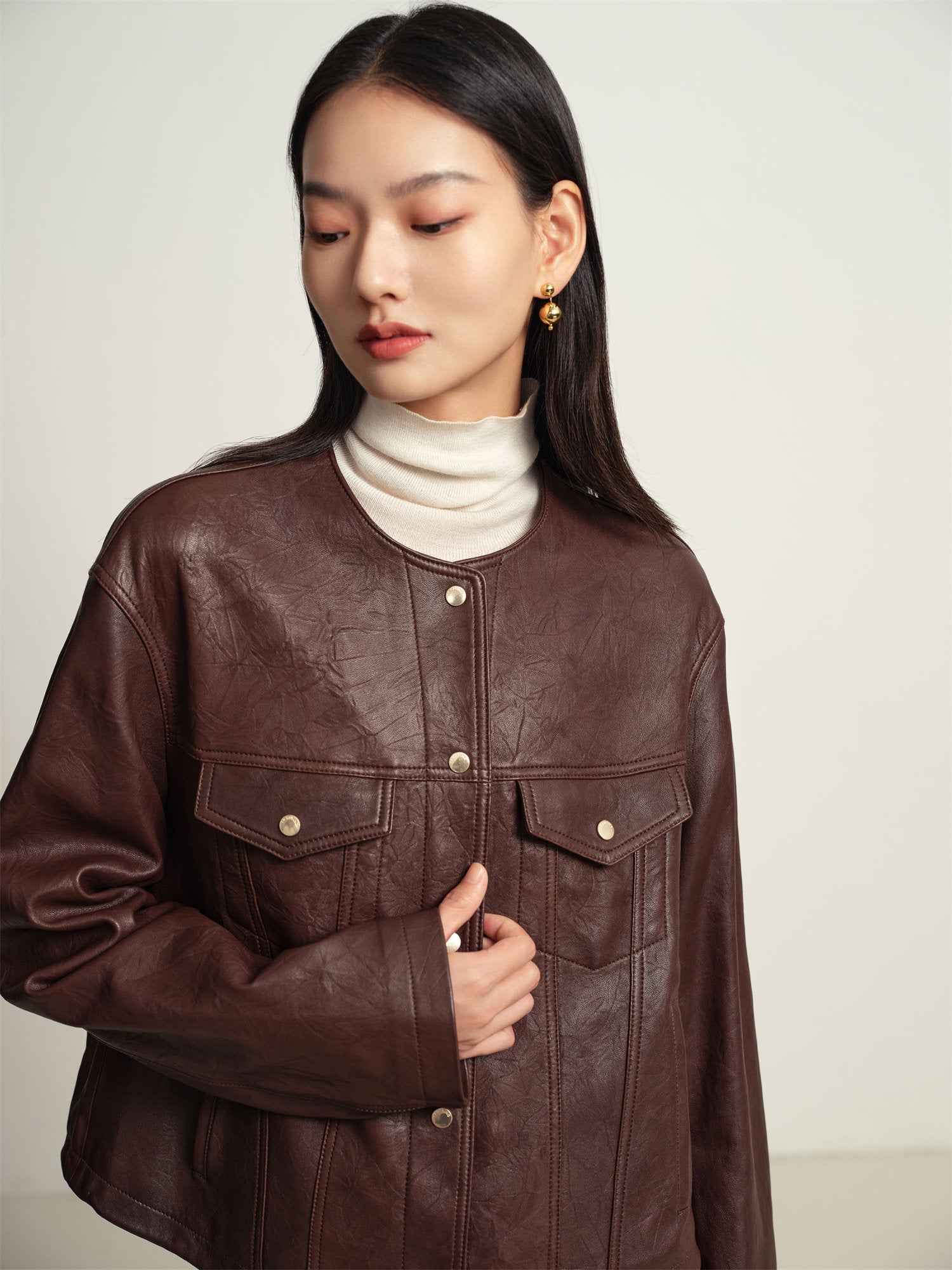 Leather Round Neck Leather Jacket | Brown