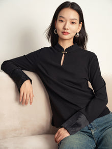 Mandarin Collar Long-Sleeve Top | Black