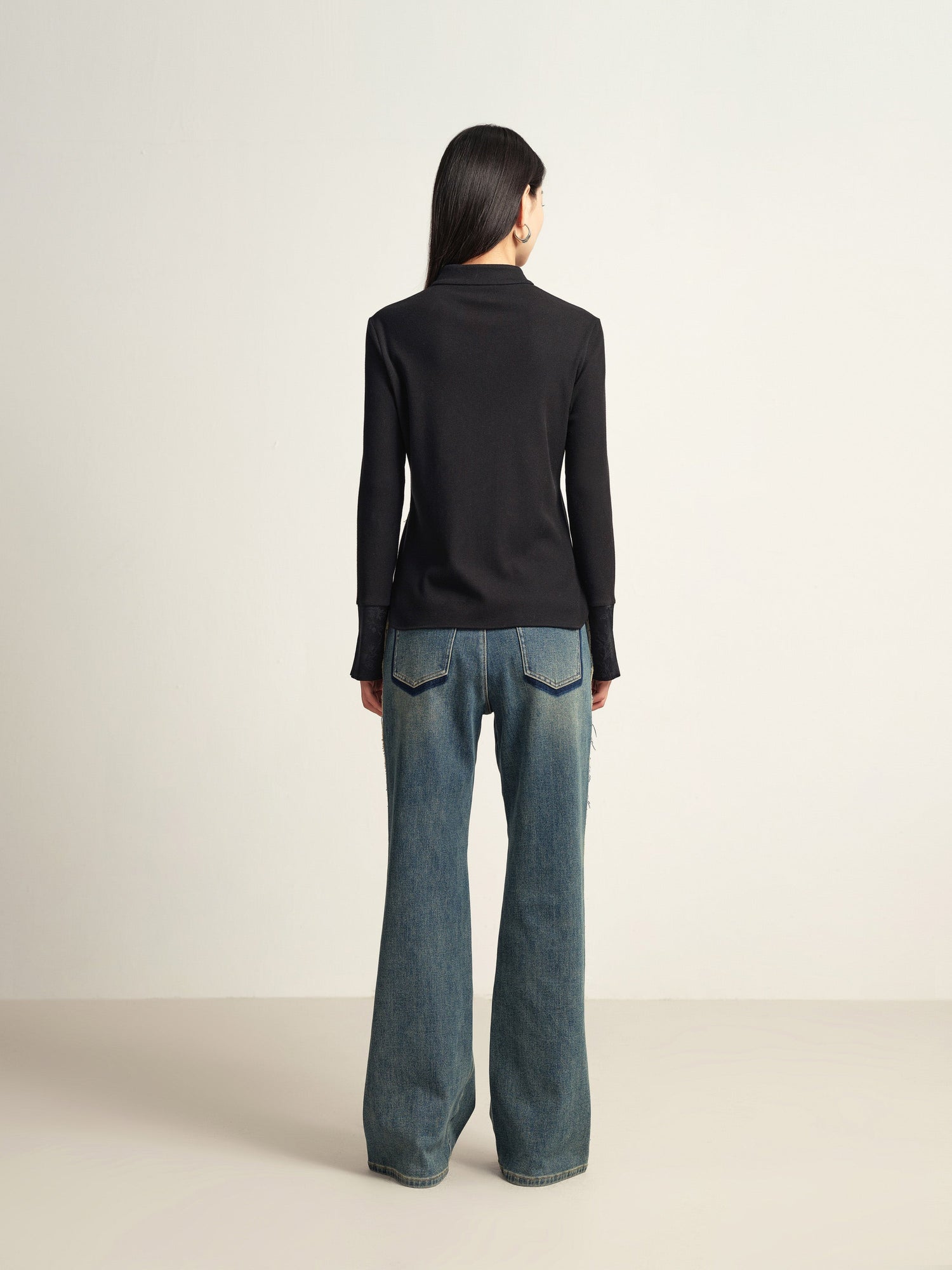 Mandarin Collar Long-Sleeve Top | Black