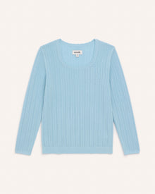 Laydown of Daisy Pointelle Sweater in Light Blue. Daisy Pointelle Sweater is a merino wool long sleeve, square neck, regular fit sweater available in sizes XS-XXL.