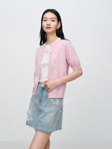 Jacquard Short-Sleeve Knit Top | Pink