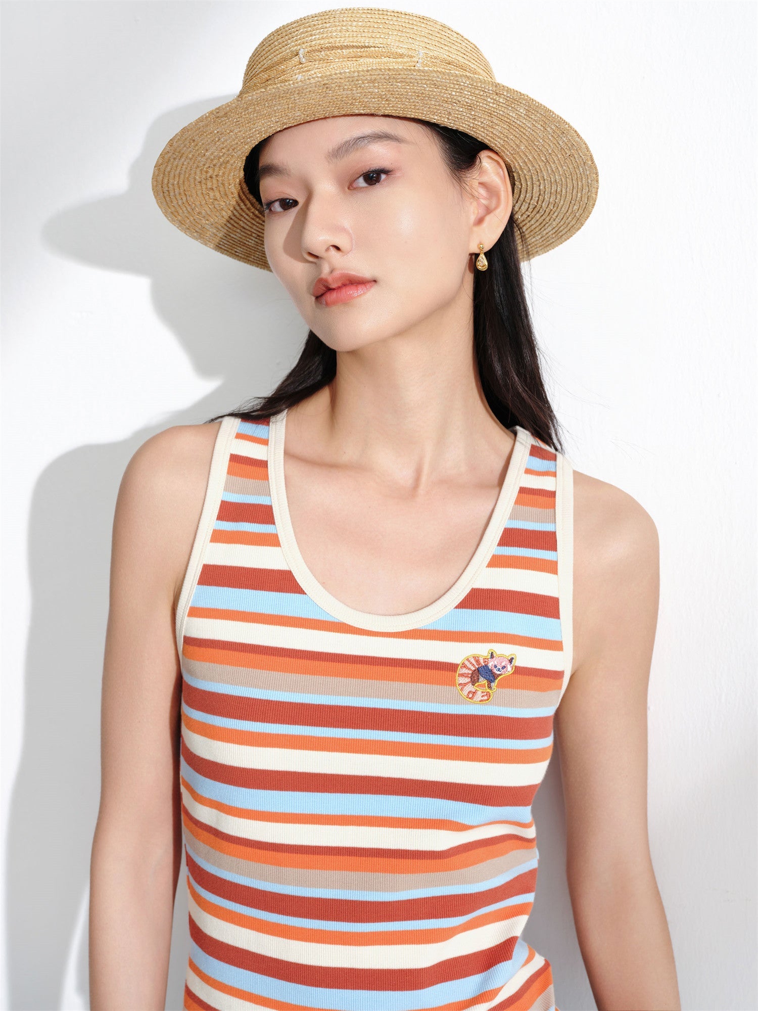 Cotton-Feel Embroidered Crew Neck Vest | Brown