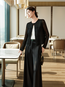 Jacquard Round Neck Cardigan | Black