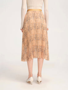Fancy Tweed Print Pleated Skirt | Khaki