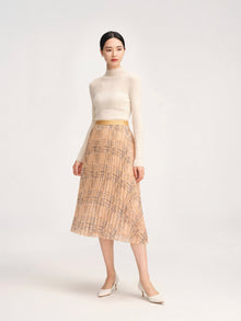 Fancy Tweed Print Pleated Skirt | Khaki