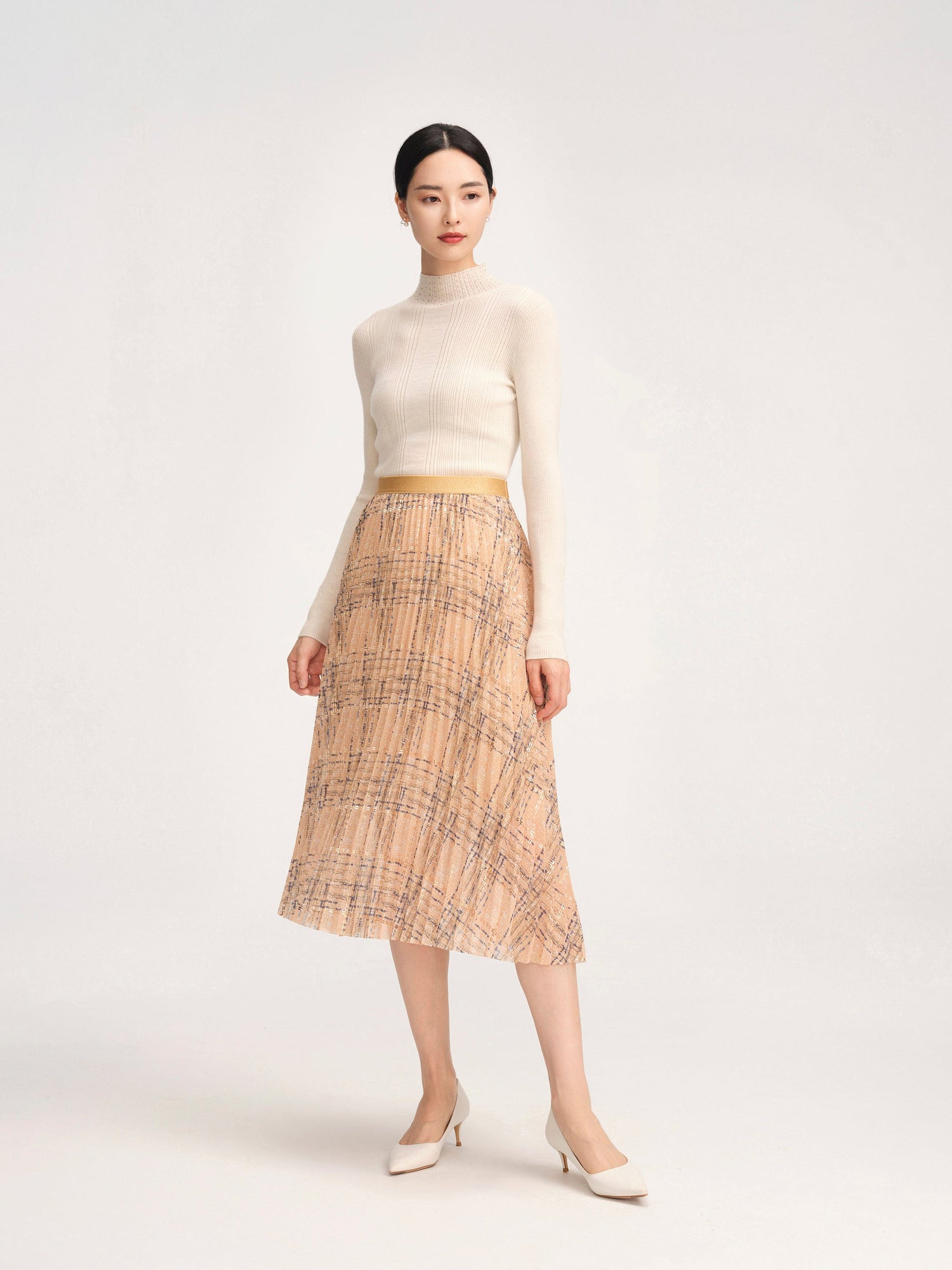 Fancy Tweed Print Pleated Skirt | Khaki