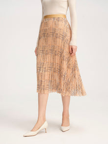Fancy Tweed Print Pleated Skirt | Khaki