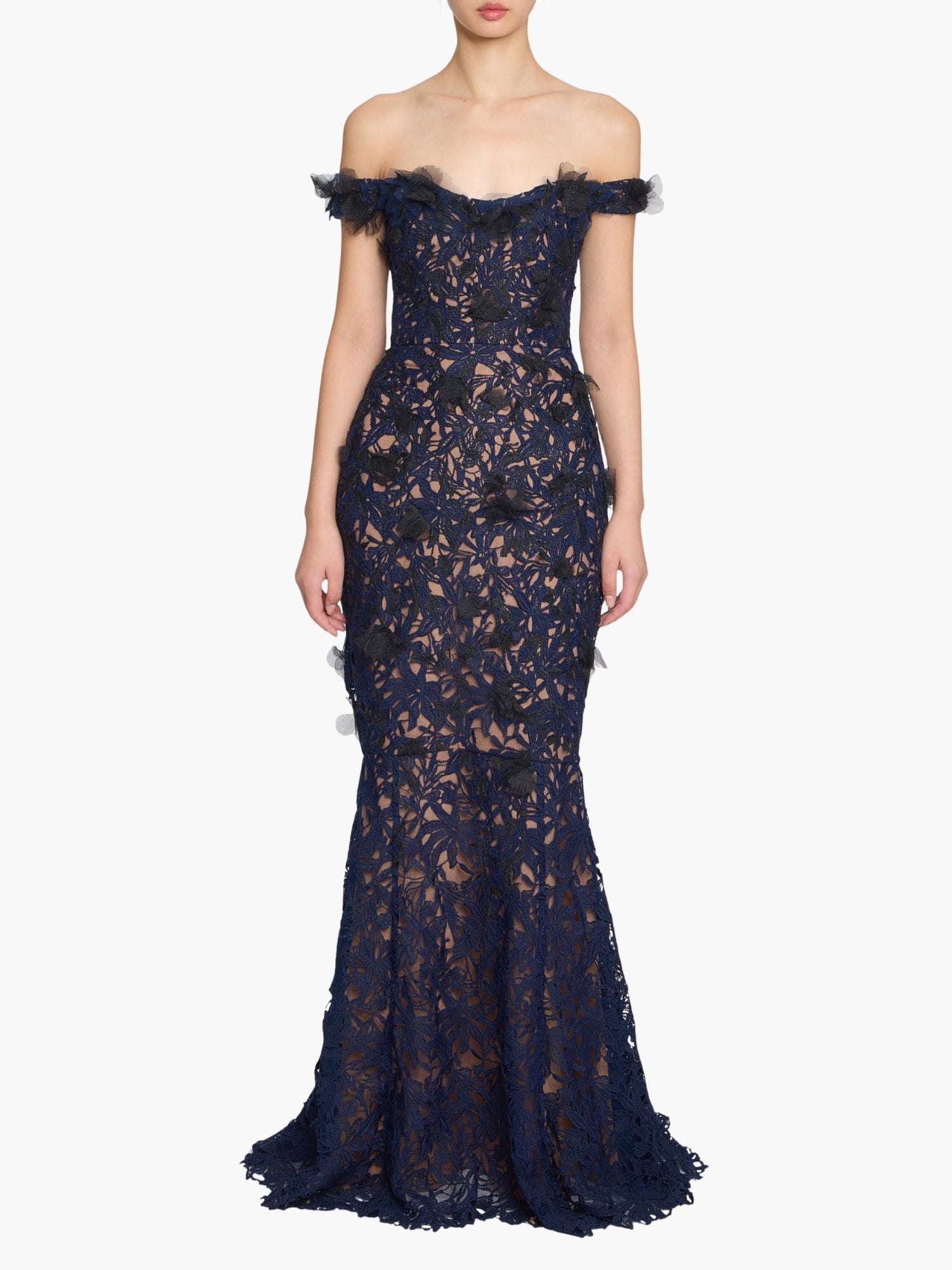 Vivarium Vines Guipure Lace Off Shoulder Gown | Black/Navy