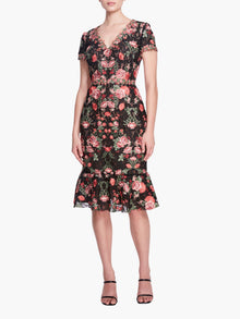 Embroidered Guipure V-neck Midi Cocktail Dress | Black/Red