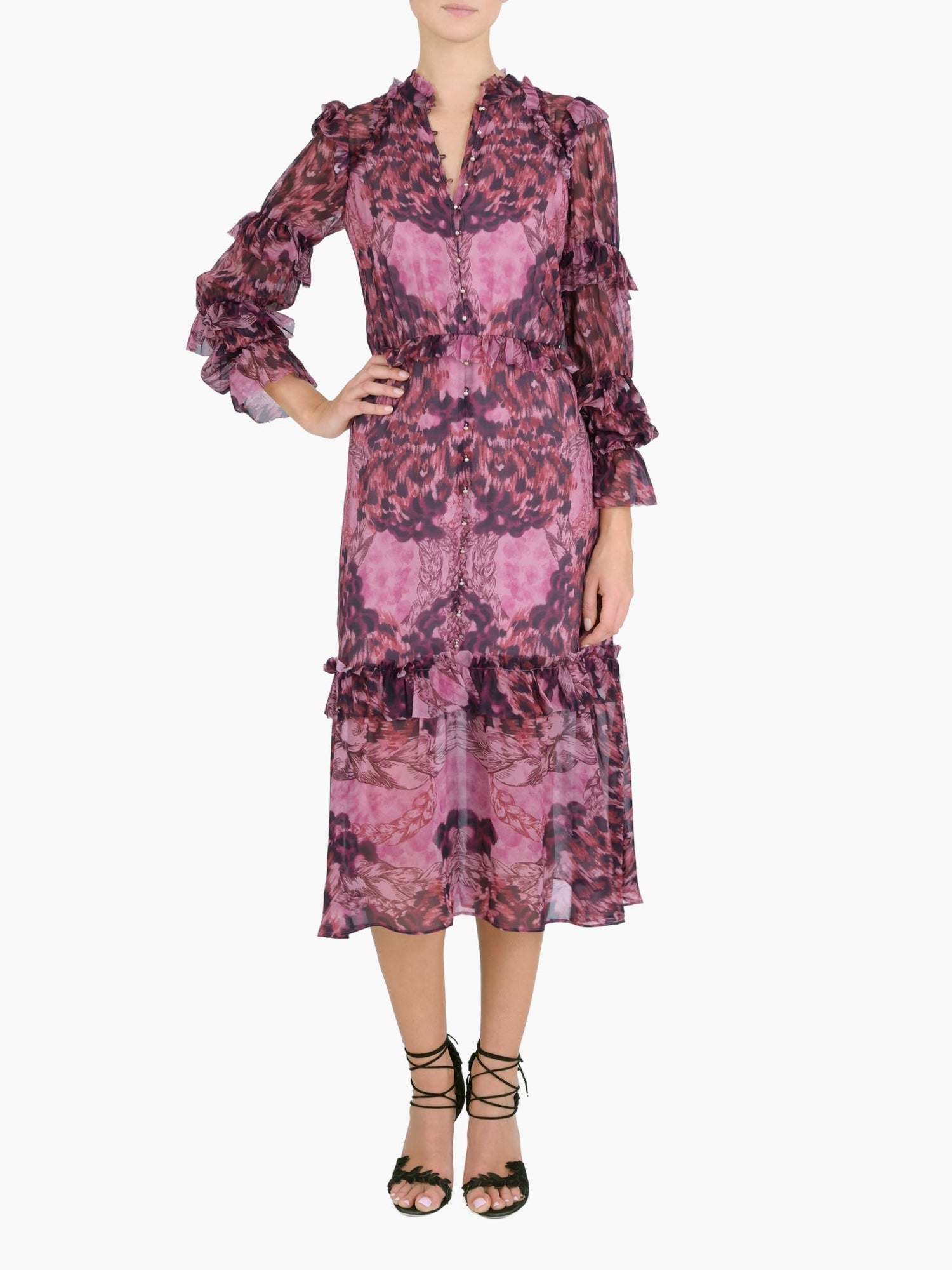 Braided Leopard Flounced Silk Chiffon Midi Dress | Pink