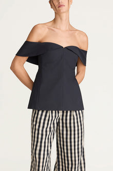Cotton Sateen Draped Shoulder Top | Midnight