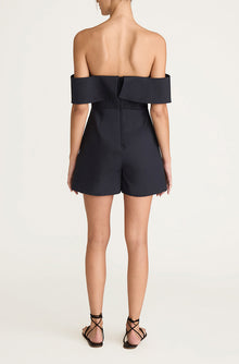 Cotton Sateen Draped Shoulder Romper | Midnight