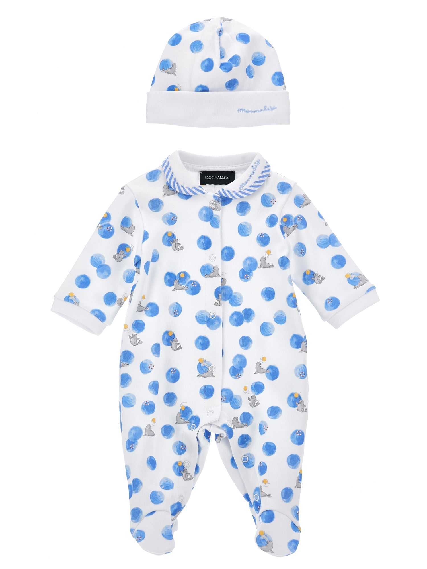 Boys | Printed Cotton Romper With Bonnet | White/Bluette