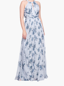 Carrara Floral Chiffon Key-Hole Halter Gown | Dusty Blue