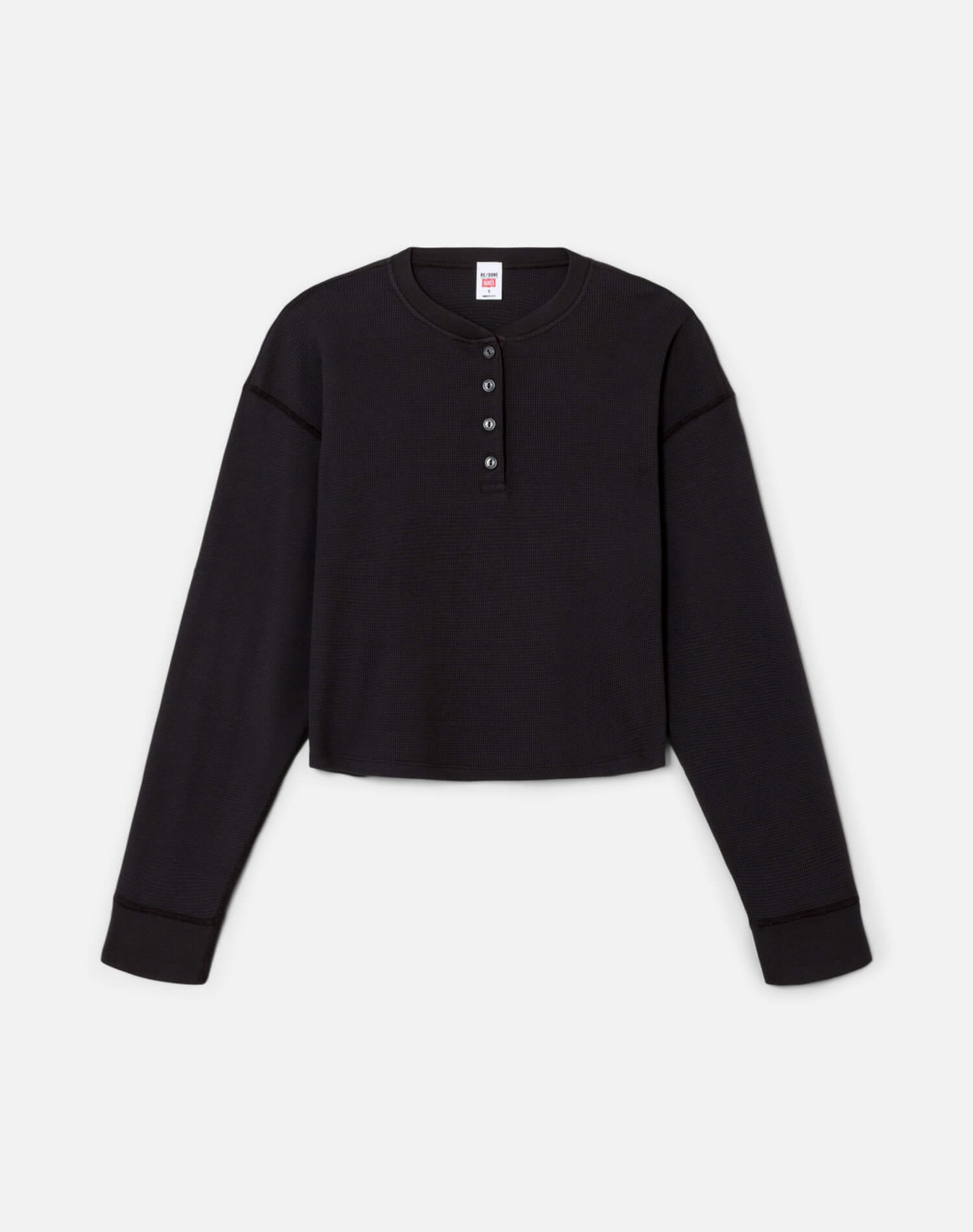 Womens | Hanes Waffle Boxy Henley | Washed Black