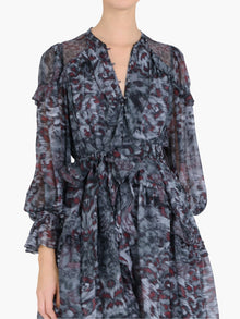 Braided Leopard Flounced Silk Chiffon Mini Dress | Brown Multi