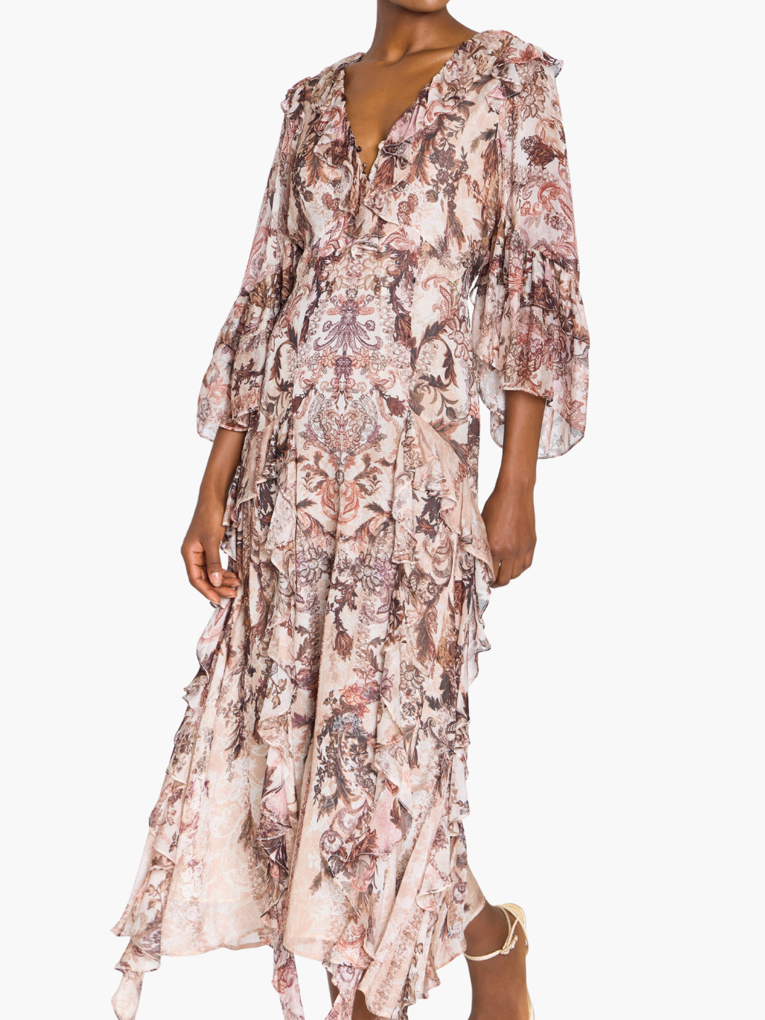 Reverie Cascading Ruffle Chiffon Midi Dress | Chocolate