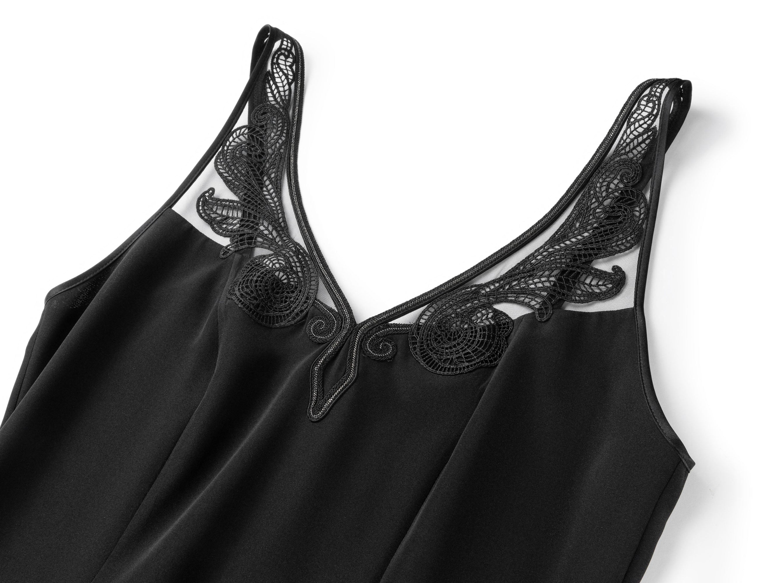 Silk V-Neck Embroidered Sleeveless Waist-Defining Dress | Black