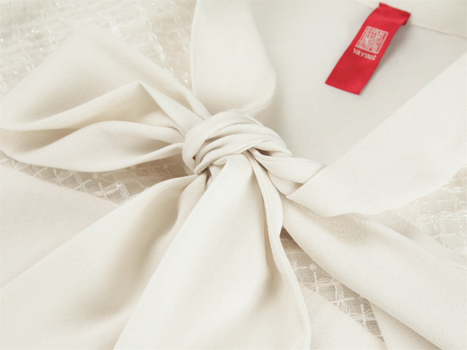 Silk Tie-Neck Embroidered Shirt | Beige