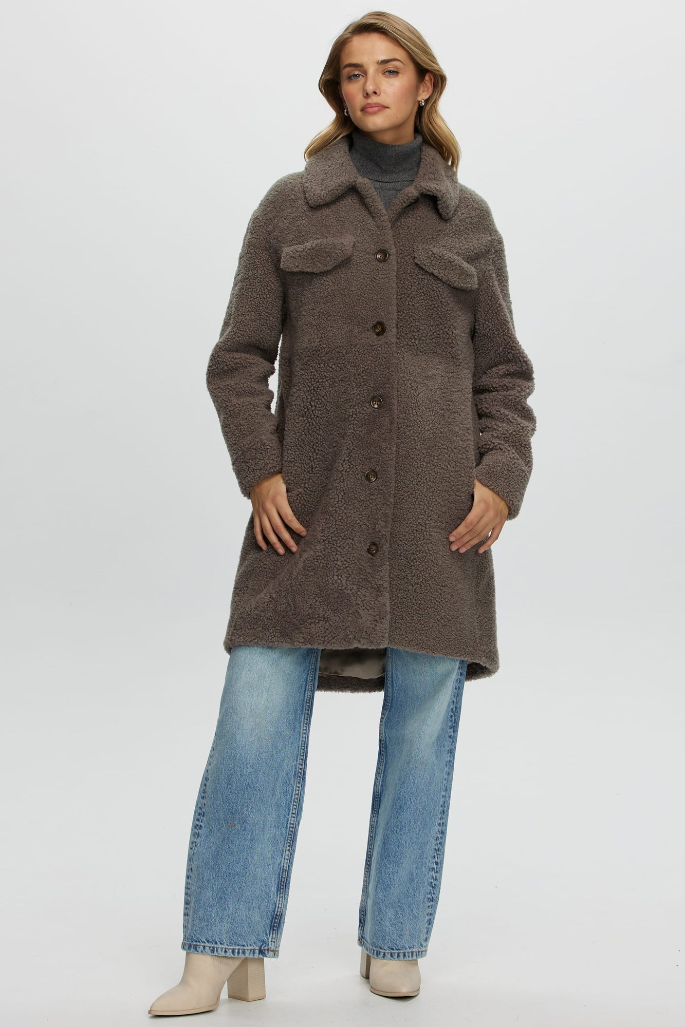 Curly Shearling Lamb Short Coat, Belt | Women | Ash Gray