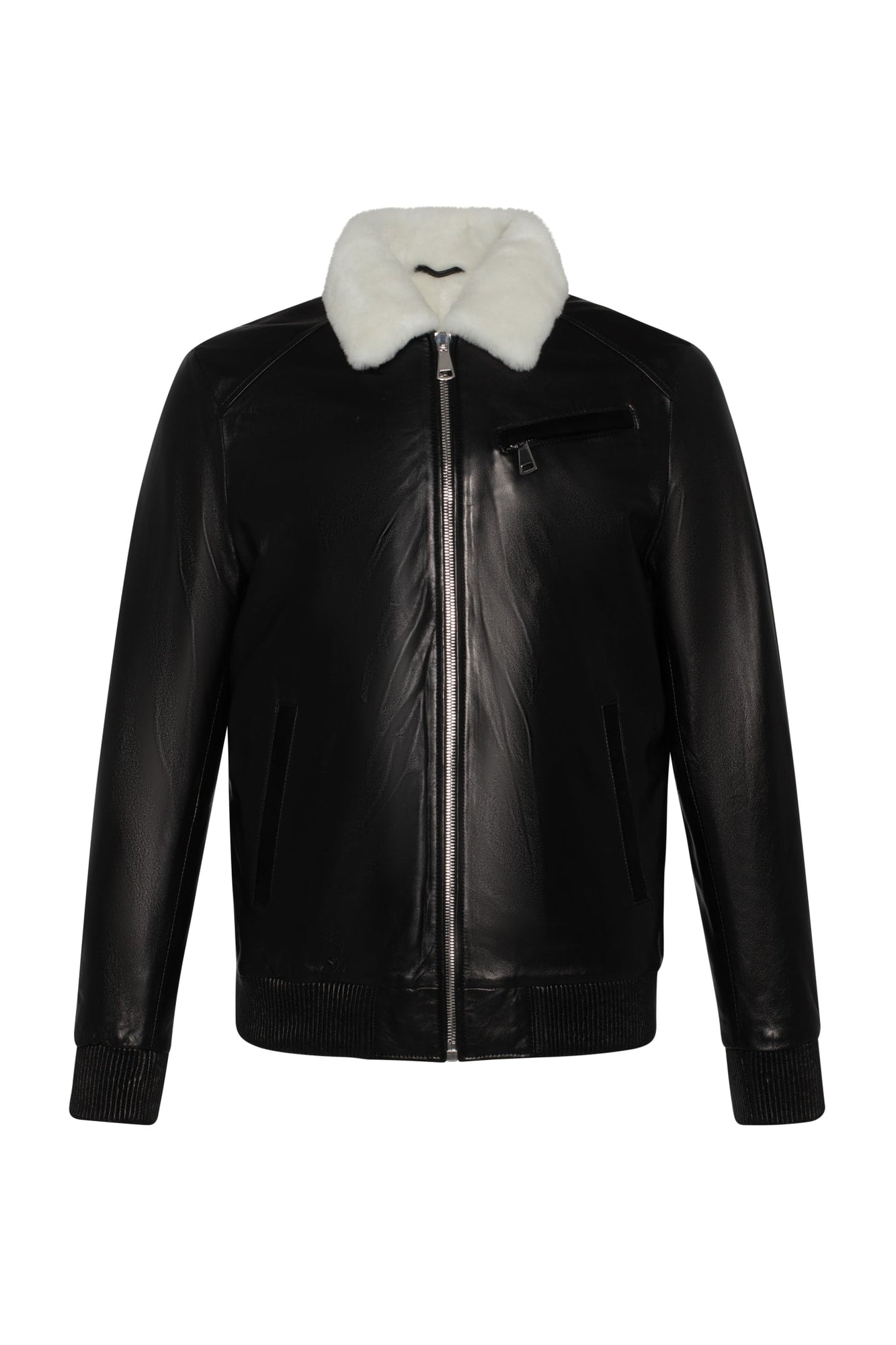 Leather Jacket With Shearling Lamb | Men | Black x White