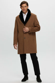 Loro Piana Wool Short Coat With Select Shearling Lamb Collar | Men | Camel