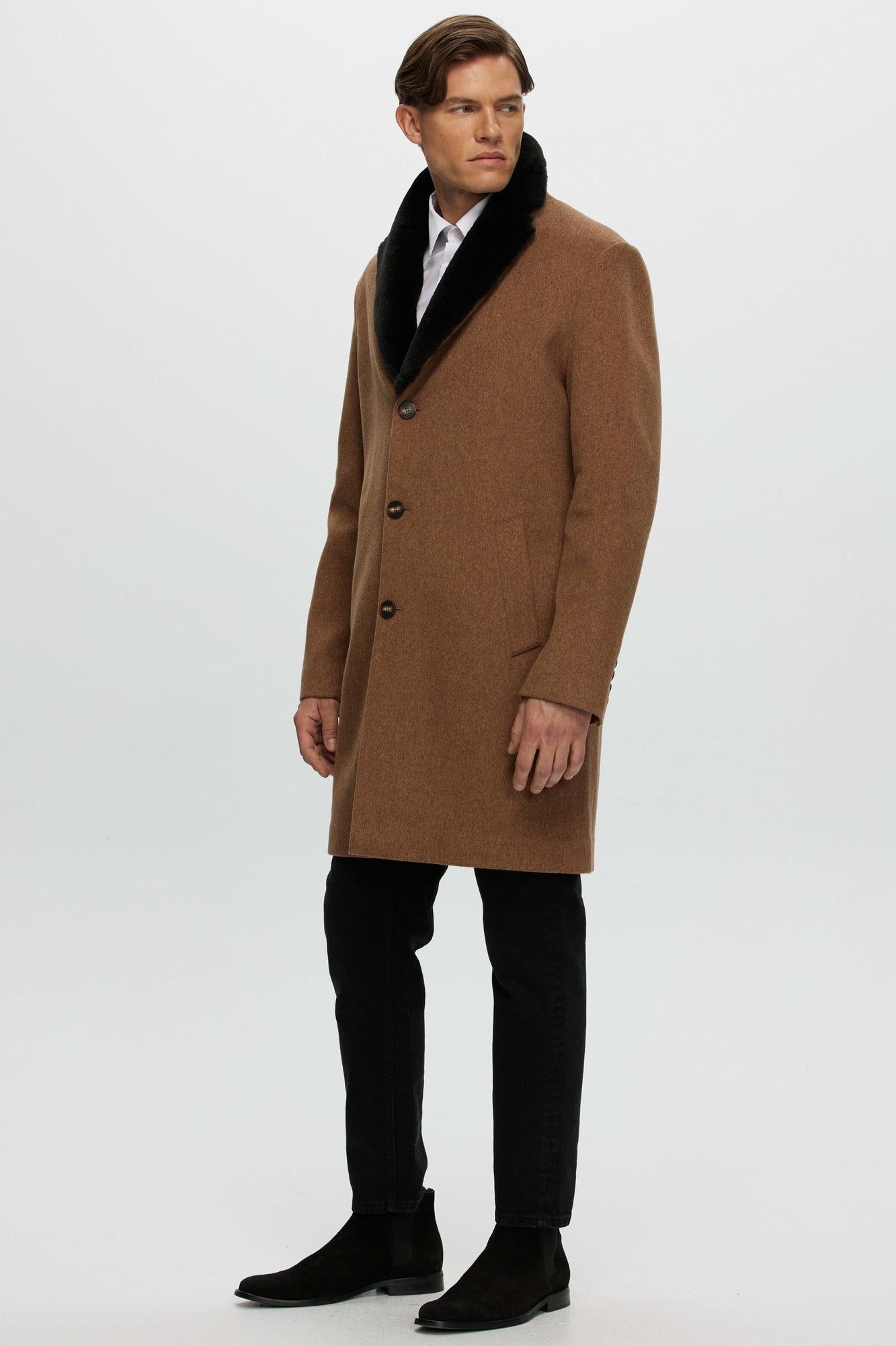 Loro Piana Wool Short Coat With Select Shearling Lamb Collar | Men | Camel