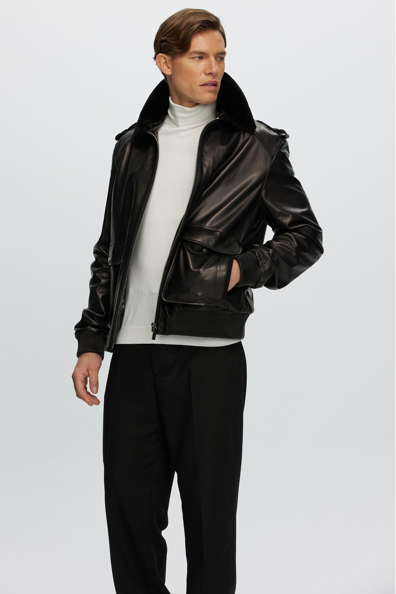 Leather Jacket With Detachable Shearling Lamb Collar | Men | Black x Black