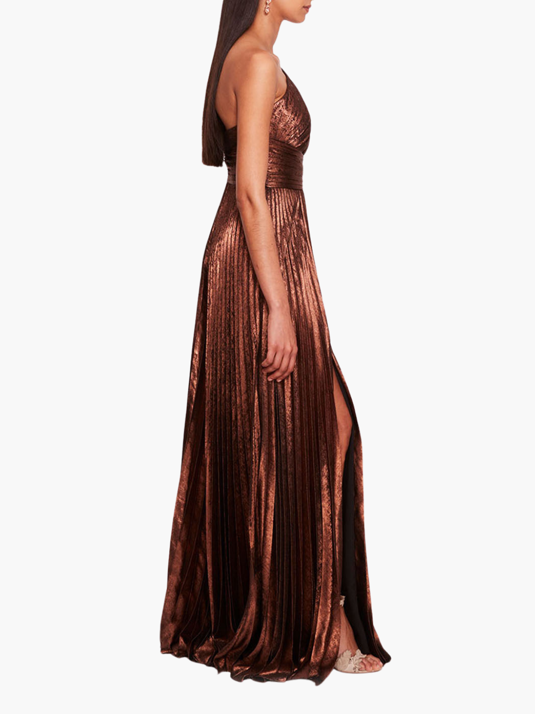 Metallic Lame Pleated Gown | Bronze