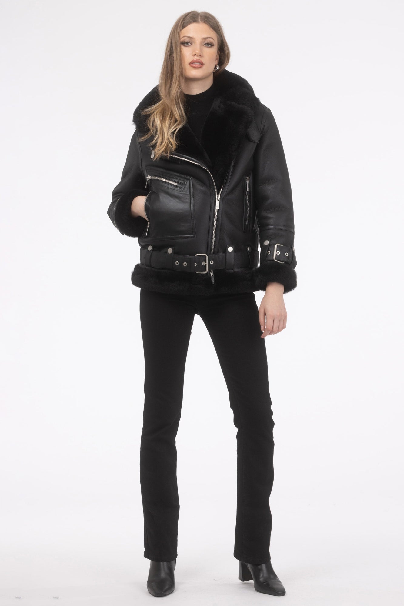 Select Shearling Lamb Zip Moto Jacket | Women | Black