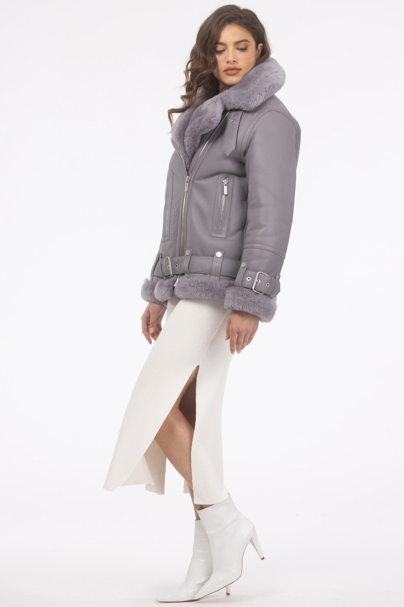 Select Shearling Lamb Zip Moto Jacket | Women | Lilac