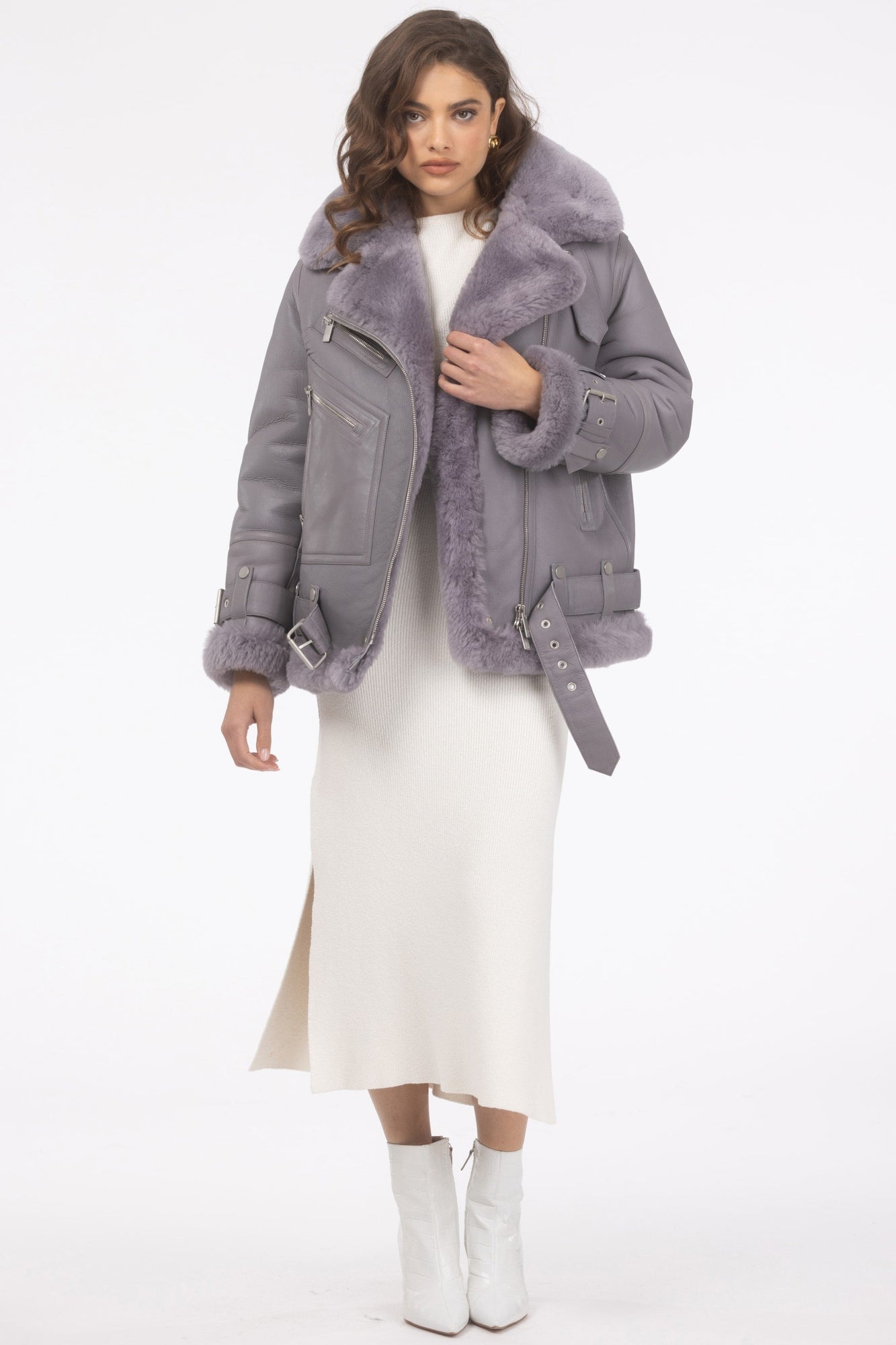 Select Shearling Lamb Zip Moto Jacket | Women | Lilac