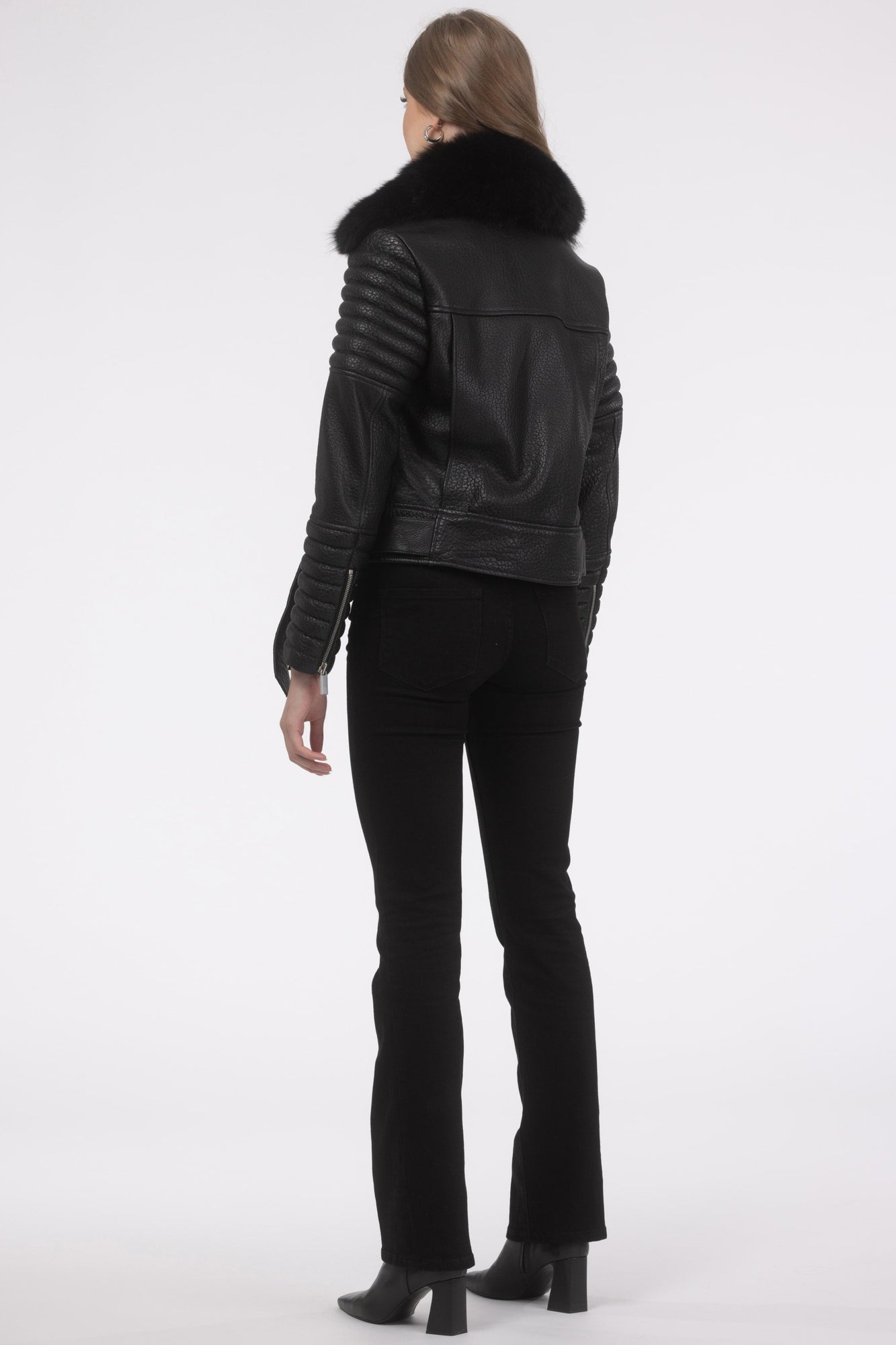 Select Lambskin Moto Zip Jacket With Detachable Toscana Shearling Lamb Collar | Women | Black