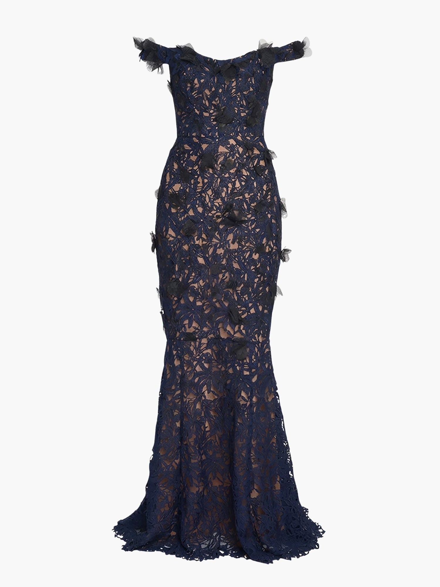 Vivarium Vines Guipure Lace Off Shoulder Gown | Black/Navy