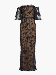 Illusion Murals Off The Shoulder Beaded Illusion Column Gown | Black