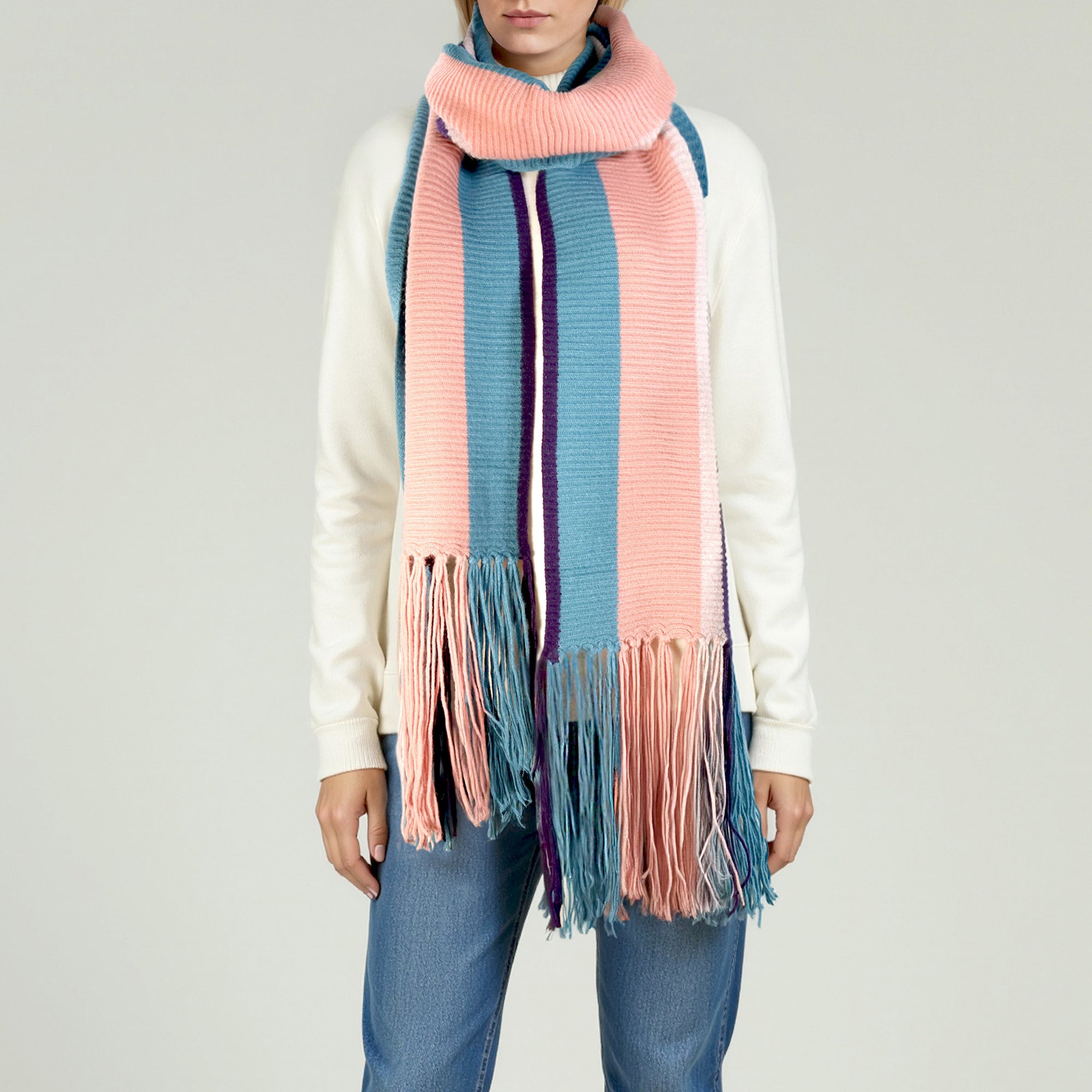 Womens | Maxy Striped Scarf with Fringes | Blue/Aubergine