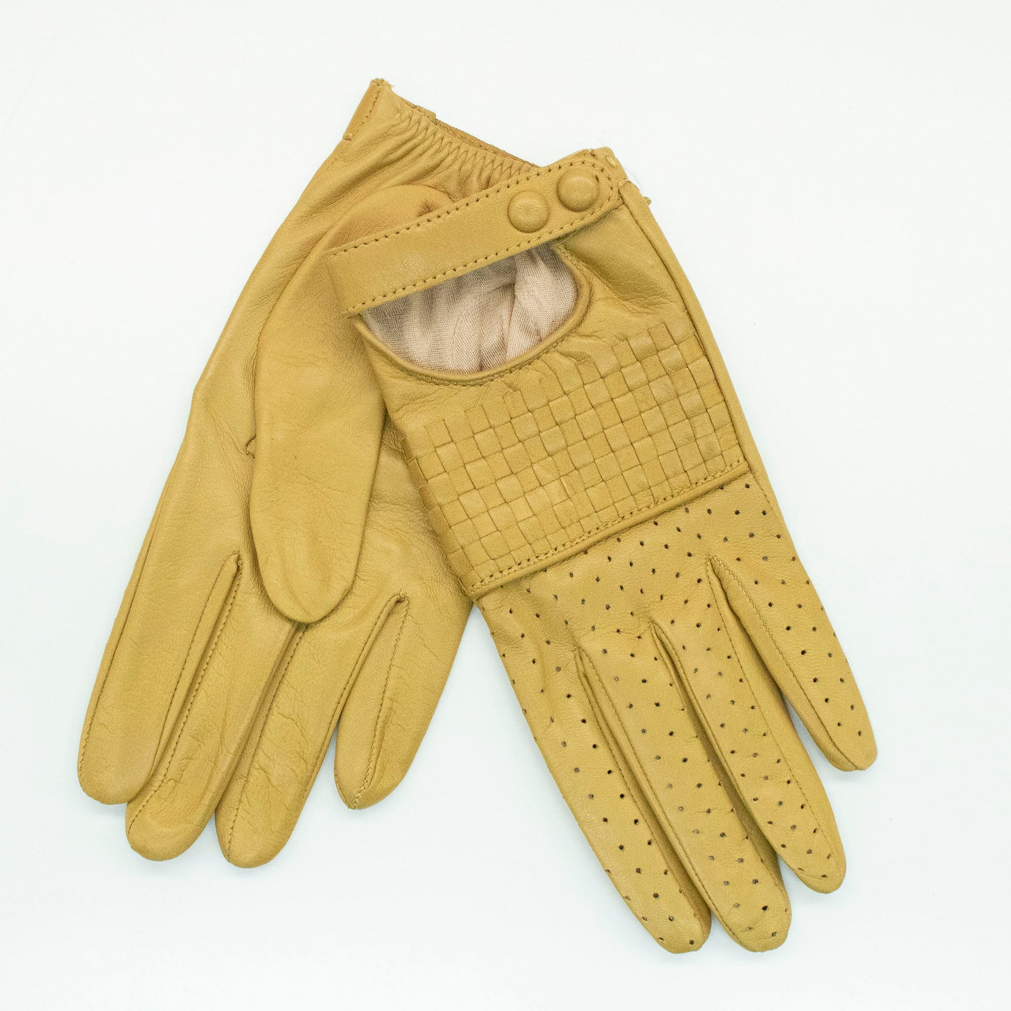 Short Leather Gloves In Basket Weave Design | Bronze Olive