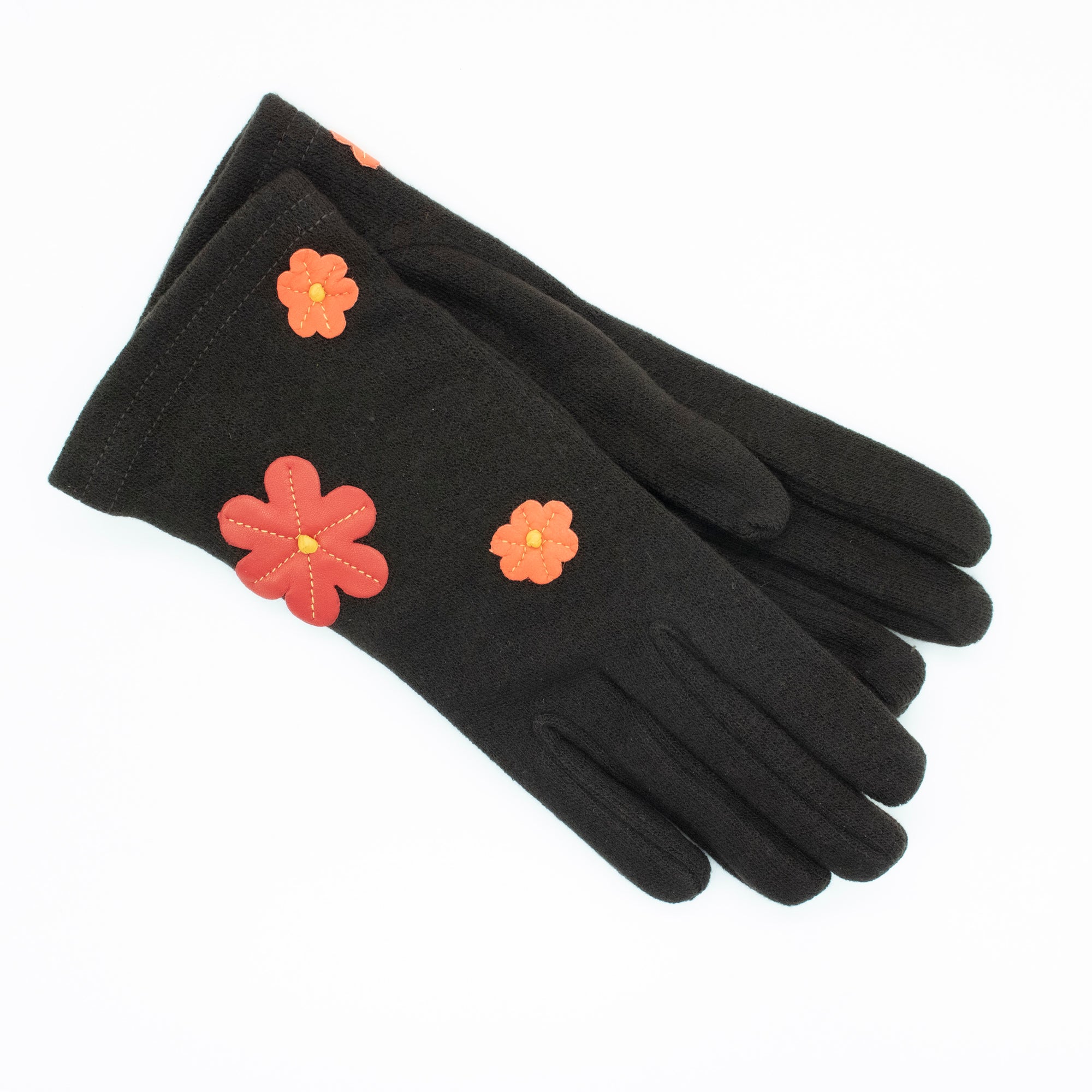 Womens | Gloves with Leather Flowers | Black