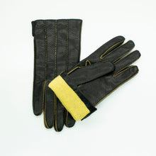 Womens | Leather Gloves with Contrast Color Stitch And Lining | Black/Yellow