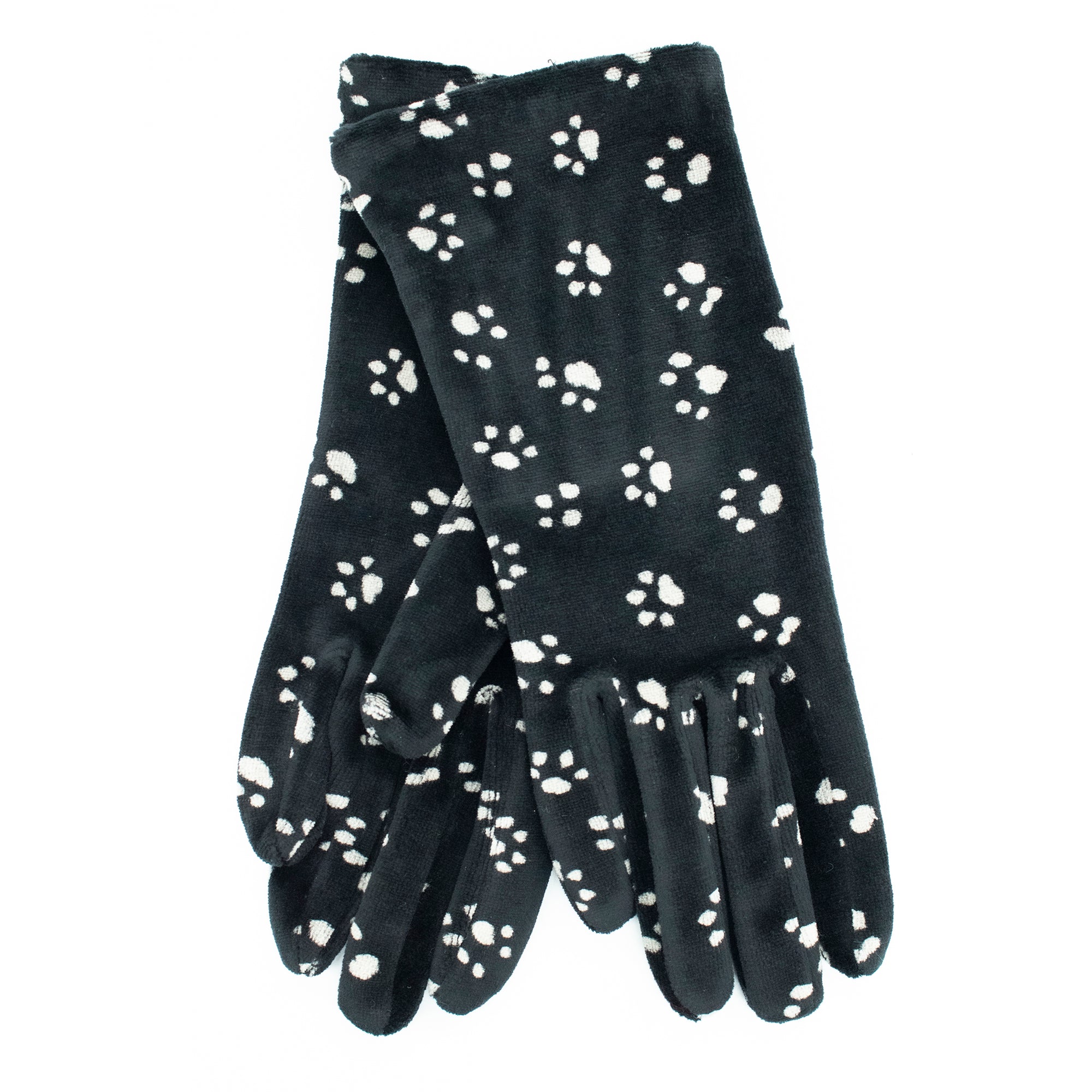 Womens | Velvet Gloves In Paw Print Design | Black/White
