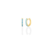 14K Gold 13mm Turquoise Pavé Hoops on a white background
