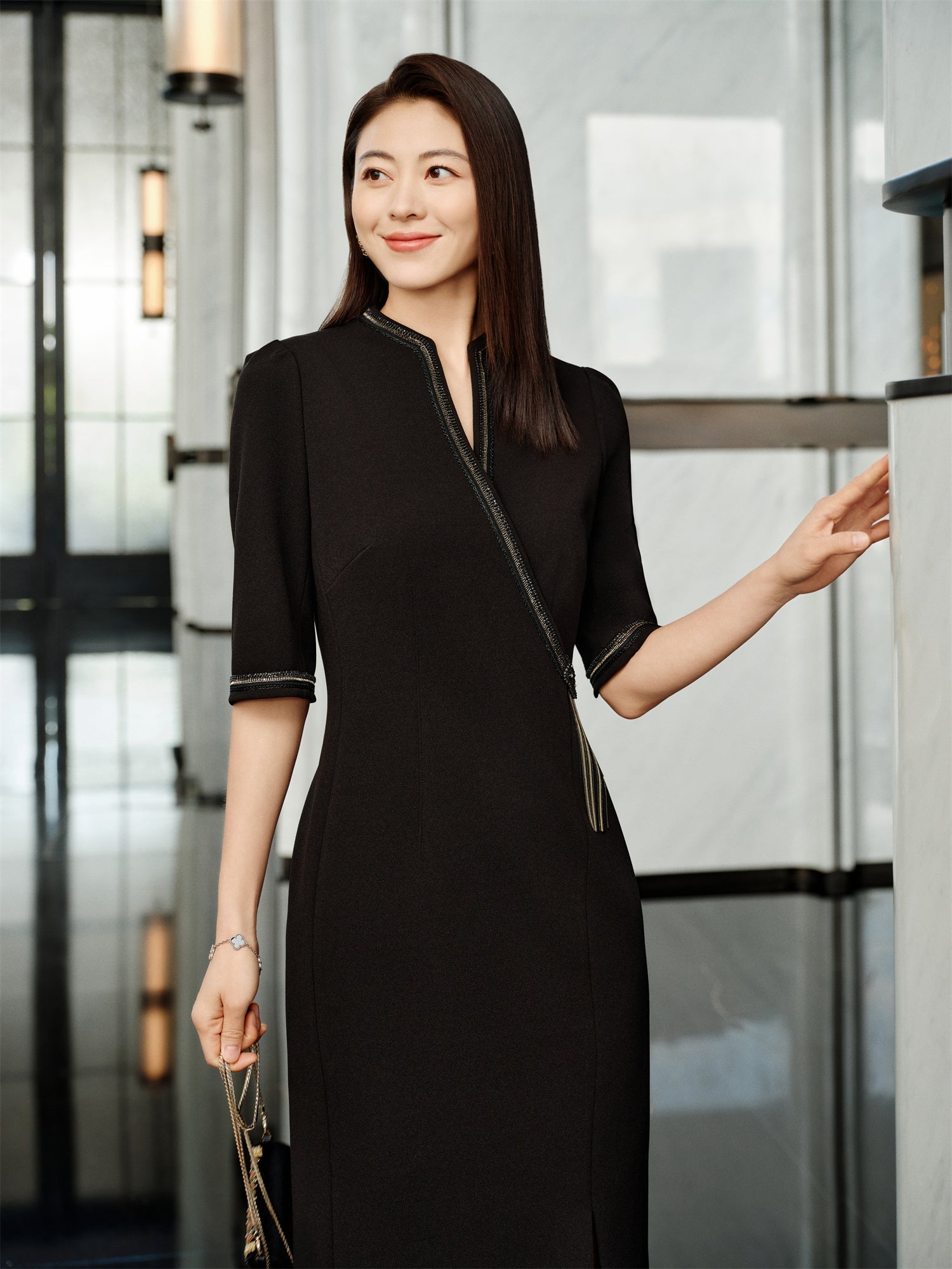 Chinese Style Waist-Cinched Dress | Black