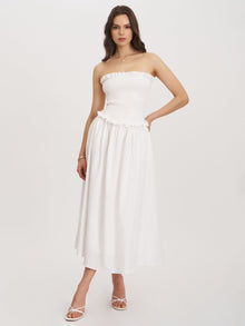 Quadiya Cotton Seersucker Smocked Strapless Midi Dress | White