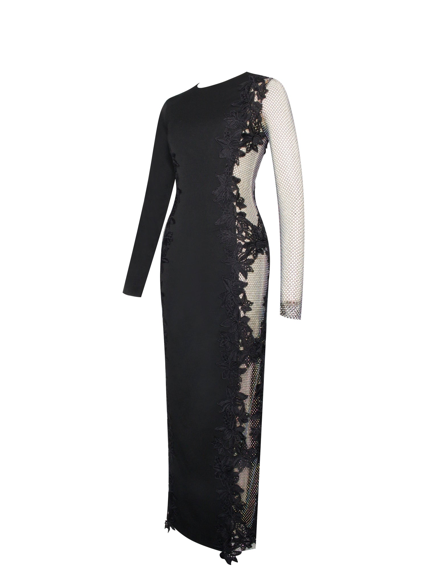 Bailey Lace Trim Crystal Net Cutout Long Sleeve Gown | Black