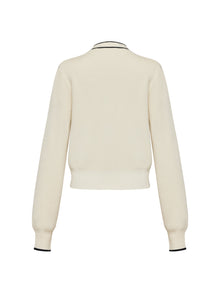 Cotton Cashmere Blended V-Neck Color-Block Knit Cardigan | White