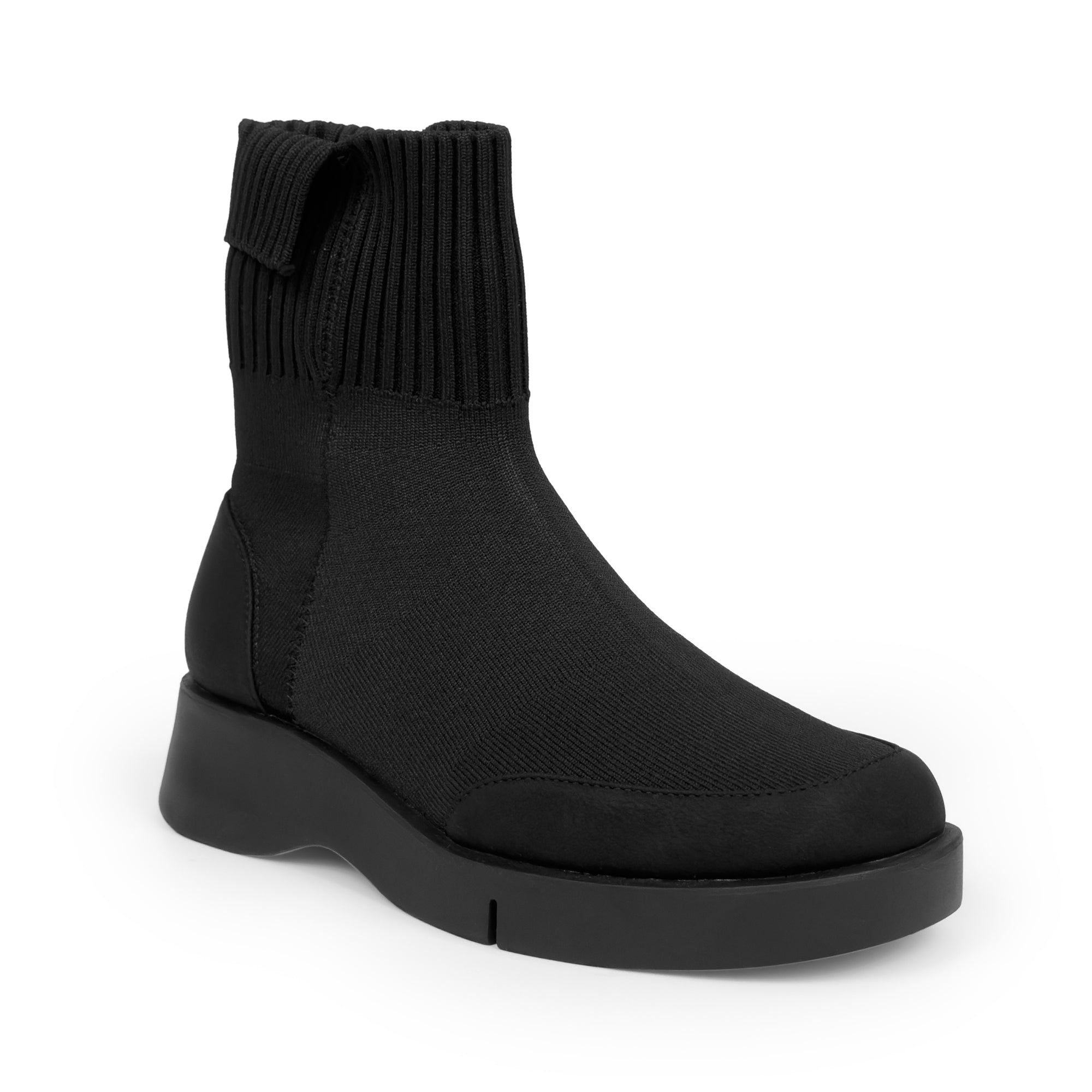 Flame Bootie Flatform | Black Knit/Faux Tumbled Nubuck